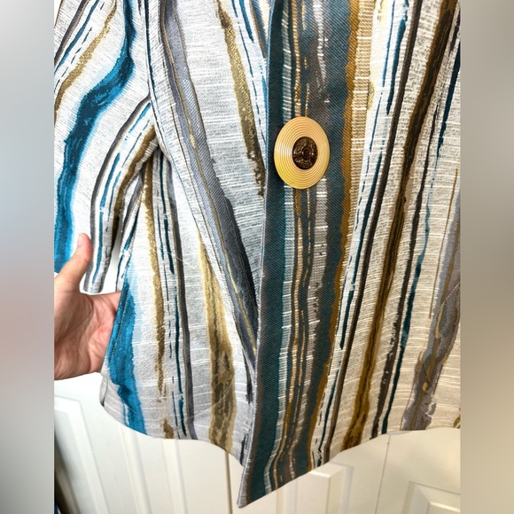 IC by CONNIE K Jacket Coat Metallic Striped Tapestry Blazer Blue Golden Yellow - Picture 3 of 9